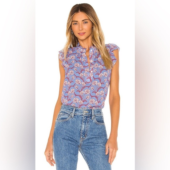 A.L.C Blue Foley Silk Blend High Neck Floral Top Blouse Blue & Red Multi Size 10 - Picture 1 of 6